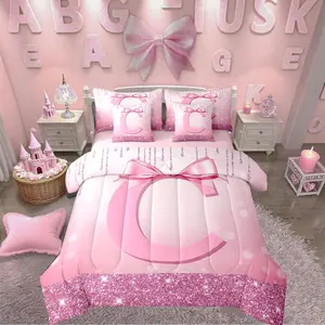 Feelyou 7-Piece Pink Bowknot Kids Soft Breathable Bedding Set - Princess Initial Comforter, Bedsheet Sets, Monogrammed Glitter Bow Bag, Personalized for Teens Girls