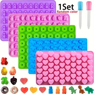 5pcs Set Gummy Bear Candy Molds Silicone Heart Shaped, Non-Stick Design with 2 Droppers, Includes Mini Dinosaur & Heart Shapes for Creative Treats