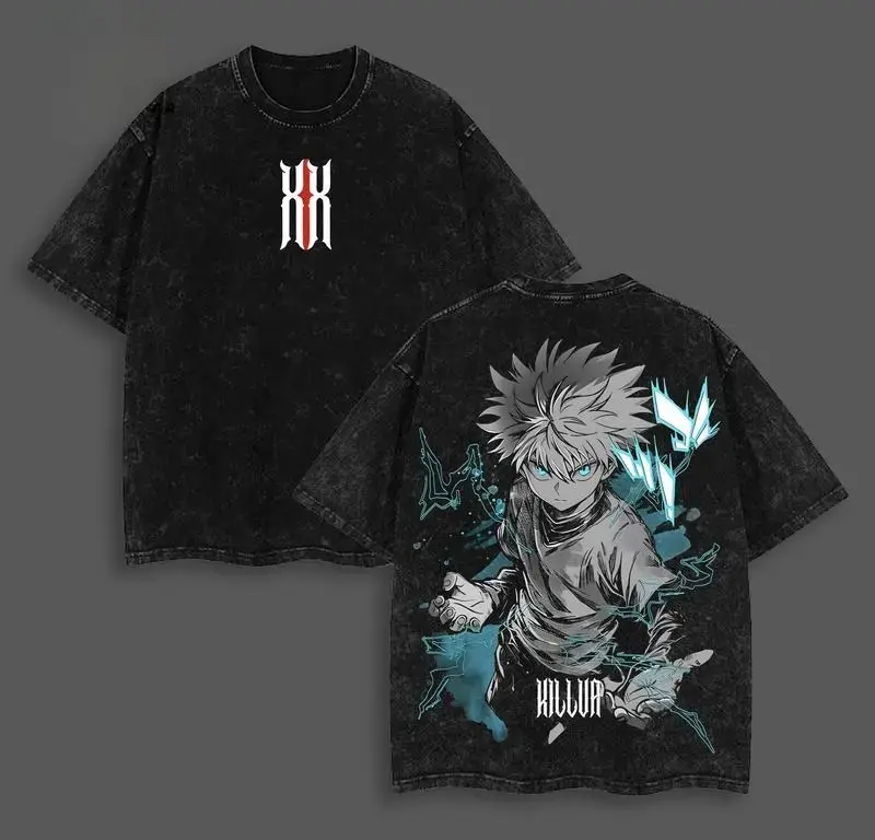 Killua Zoldyck Anime Vintage Oversized T Shirt Men Women Acid Wash Heavyweight Cotton Streetwear Harajuku Hunter x Hunter Graphic Tee Aesthetic Grunge Top Gym Pump Cover Y2K Urban Fashion Gift for Anime Fans Retro Washed Black Tee HxH Merch