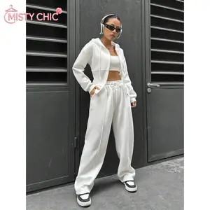MISTY CHIC Corset-Style Hooded Sweatshirt And Wide Leg Sweatpants Set, Full-Zip Drawstring Design With Elastic Waist, Casual Streetwear Vibe, Ideal For Loungewear, Errands, Mix-And-Match Outfits And Trendy Everyday Streetwear