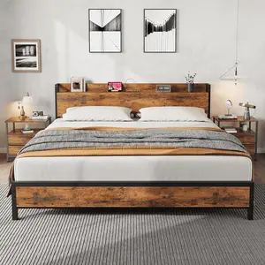 King Size Bed Frame Charging Station with 2 USB Ports & 2 AC Outlets, Heavy Duty Metal Bed Frame with Wooden Headboard and Footboard, No Box Spring Needed, Easy to Assemble, King Size