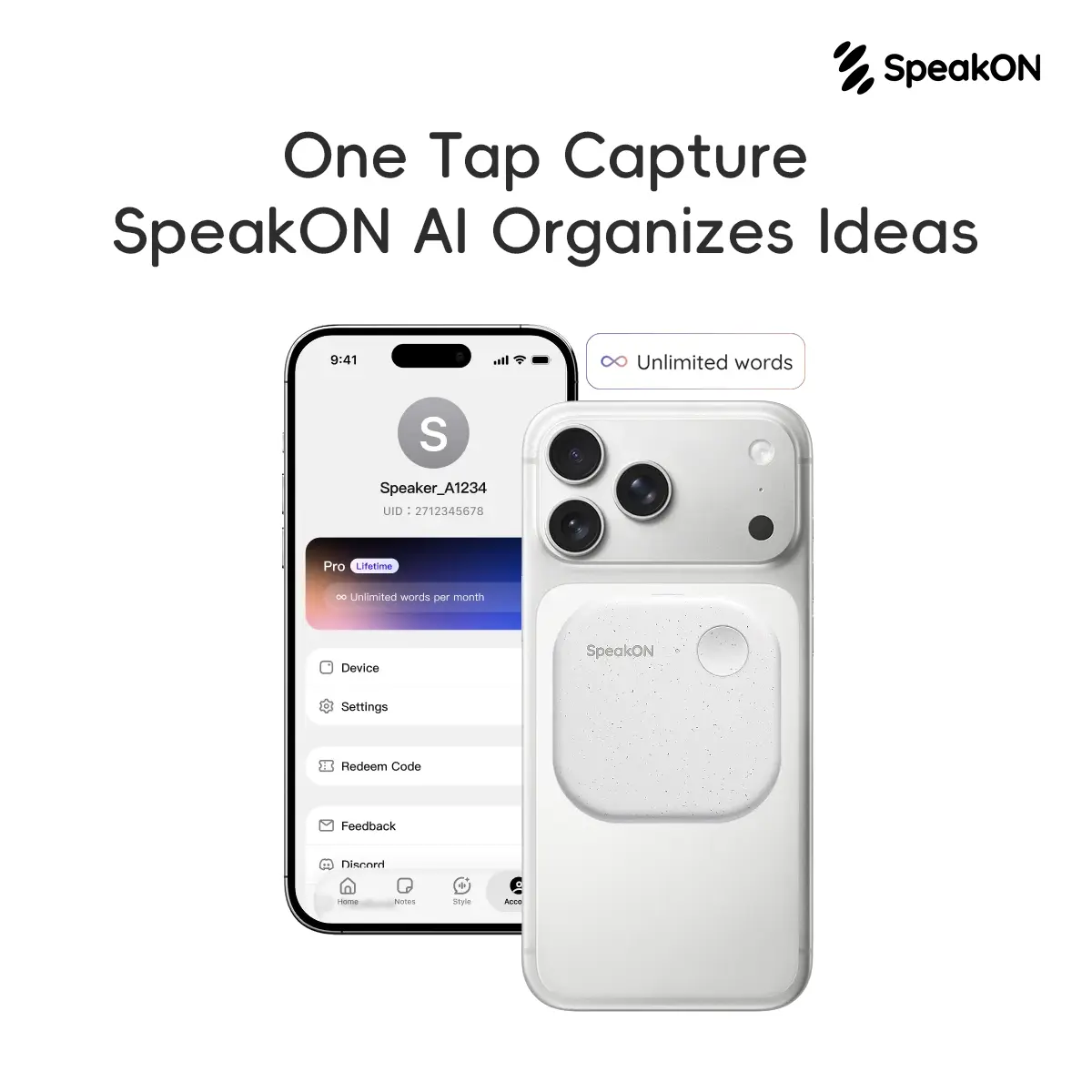 SpeakON Magnetic Portable Voice Recorder - 1-Tap Physical Button for Spontaneous Speech Capture, Transcription, Auto Summary, Multi-Language Translation, Polished Voice Note Rewrites in Multiple Tones, Ideal Gift