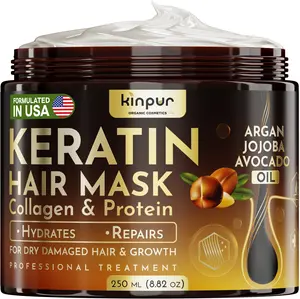 KINPUR ORGANIC COSMETICS Keratin Hair Mask with Biotin for Dry Damaged or Long Hair - Deep Conditioner with Protein Coconut Jojoba & Avocado Oil Collagen Treatment for Hair Growth Hydration Split Ends Repair Color Safe 250 ML