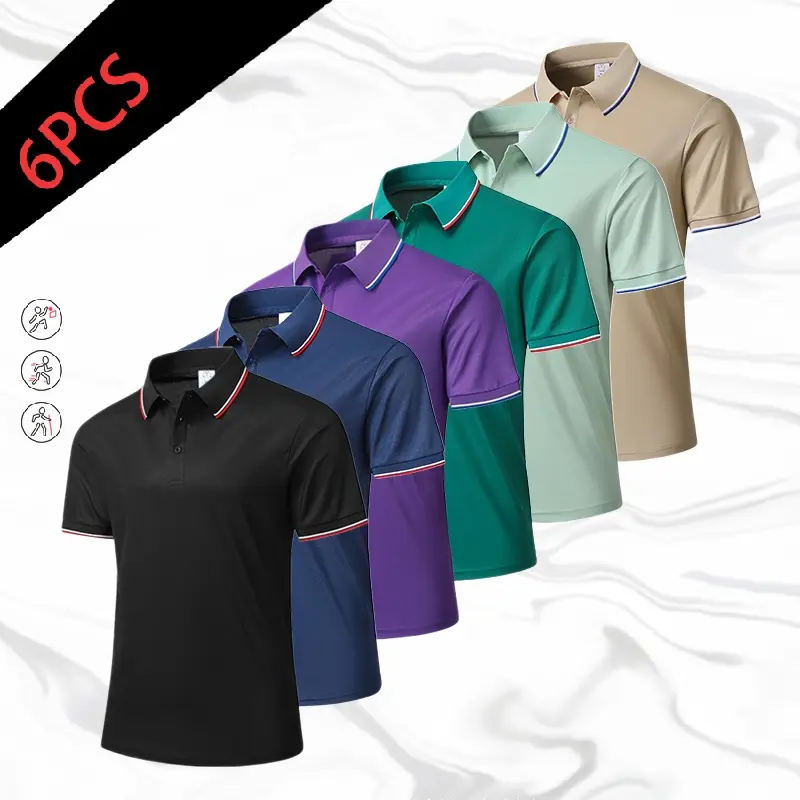 Men’s 6-Pack Polo Shirts, minimalist business-style design with contrast trim, breathable quick-dry fabric that is skin-friendly and soft—an essential summer top for everyday commuting and business gatherings for office workers.