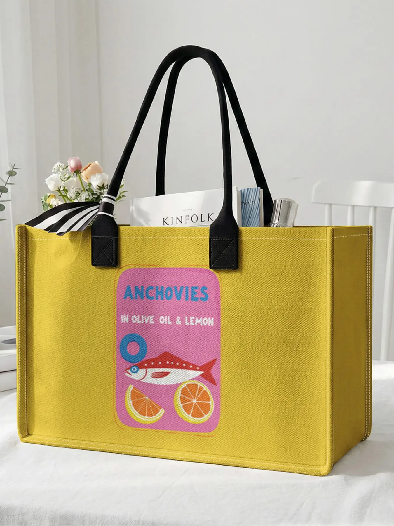 1 piece of sardine can pattern 2D printed large capacity storage bag, sturdy handle, space-saving multi-purpose, suitable for school, business trips, shopping, Casual shopping bag, Lightweight Shopping Bag, Reusable Bag
