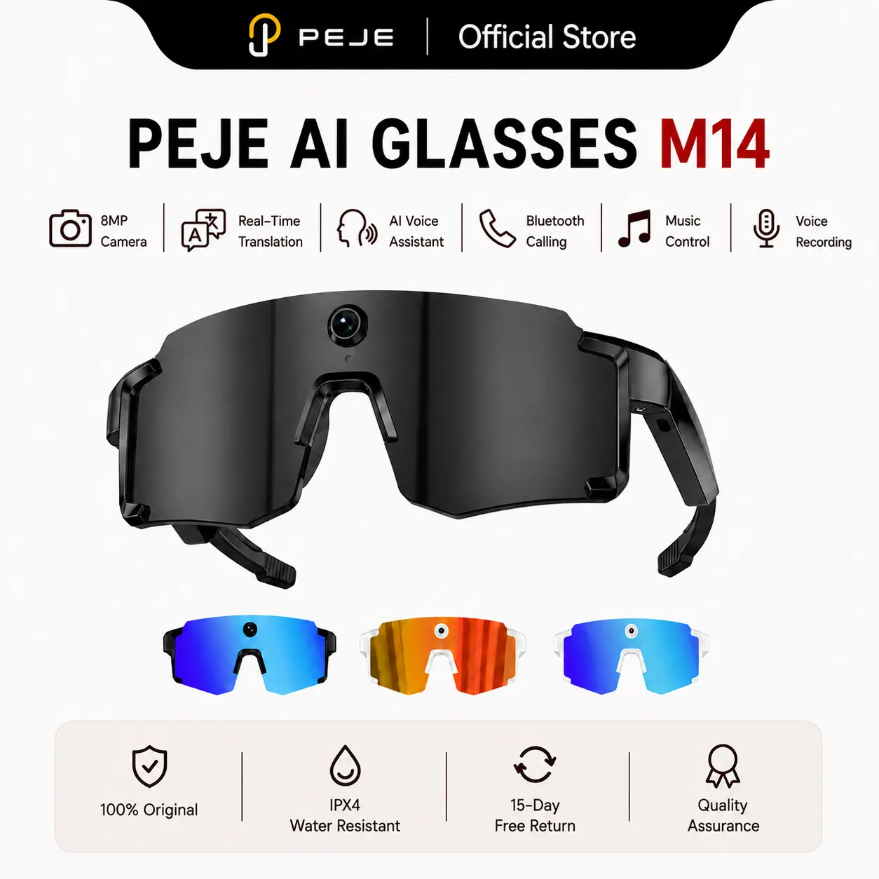 PEJE M14 AI Wearable Smart Glasses-8MP  Camera, with Photo and Video Recording, 139Language Real-Time Translation, AI Assistant, Object Recognition, Bluetooth Calling, Music Control, Outdoor Sports Sunglasses sport glass，hd voice call Audio
