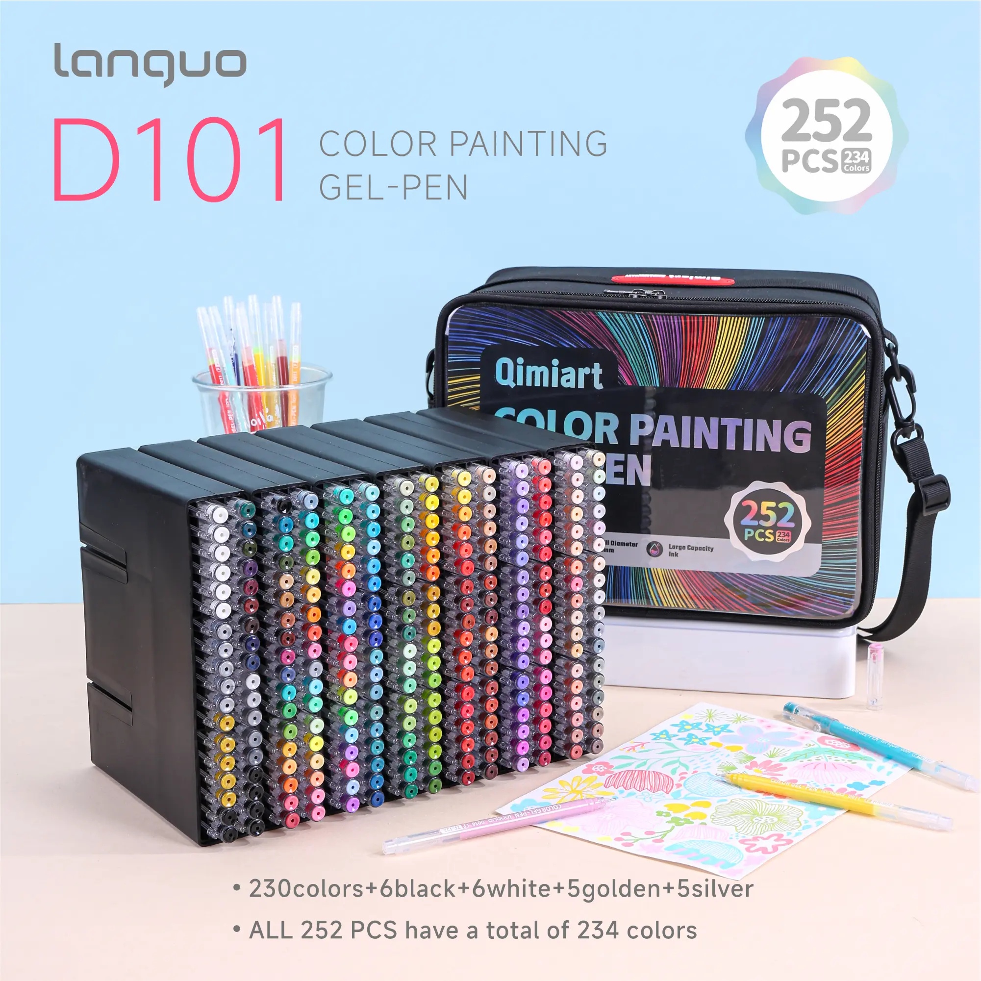 Languo D101 Gel Pen Mega Suite Pack, 0.6mm Needlepoint Tip, Stainless Steel, Anti-Roll Clip, Extra-Large Ink Capacity, Smudge-Free Rich Ink, Retractable, Professional Office/Student Tool, Aesthetic Journaling Black Paper Art Gift, High Pigment, Multi-Surf