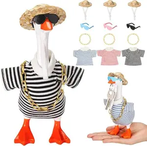 12PCS 7 Inch Mini Desk Goose Outfits - Striped T-Shirts Straw Hats Sunglasses & Gold Chains | Fits 7" Magnetic Porch Goose Key Holder | Cool Desktop Decor & Gifts