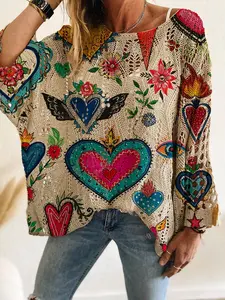 Women's Long Sleeve Knit Top, Heart Print Casual Sweater Vest, Spring Summer Fashion, Elegant Commuter Wear, Vacation Style, Knitwear