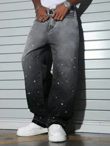 Men's American High Street Streetwear Fashion Rhinestone Jeans, Trendy Distressed Denim, Unique Sparkly Loose Fit Straight Leg Pants, Menswear
