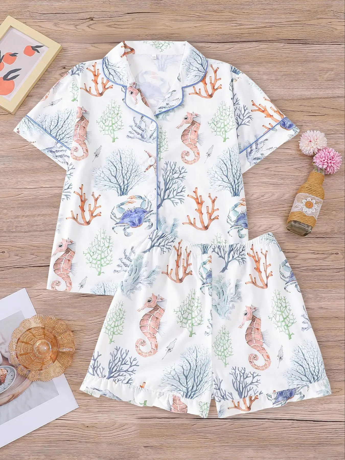 Girl's Sea Creatures Print Short Sleeve Pajama Set, Casual Comfy Button Front Lapel Neck Top & Elastic Waist Shorts Pj Set, Kids Sleepwear for Summer,