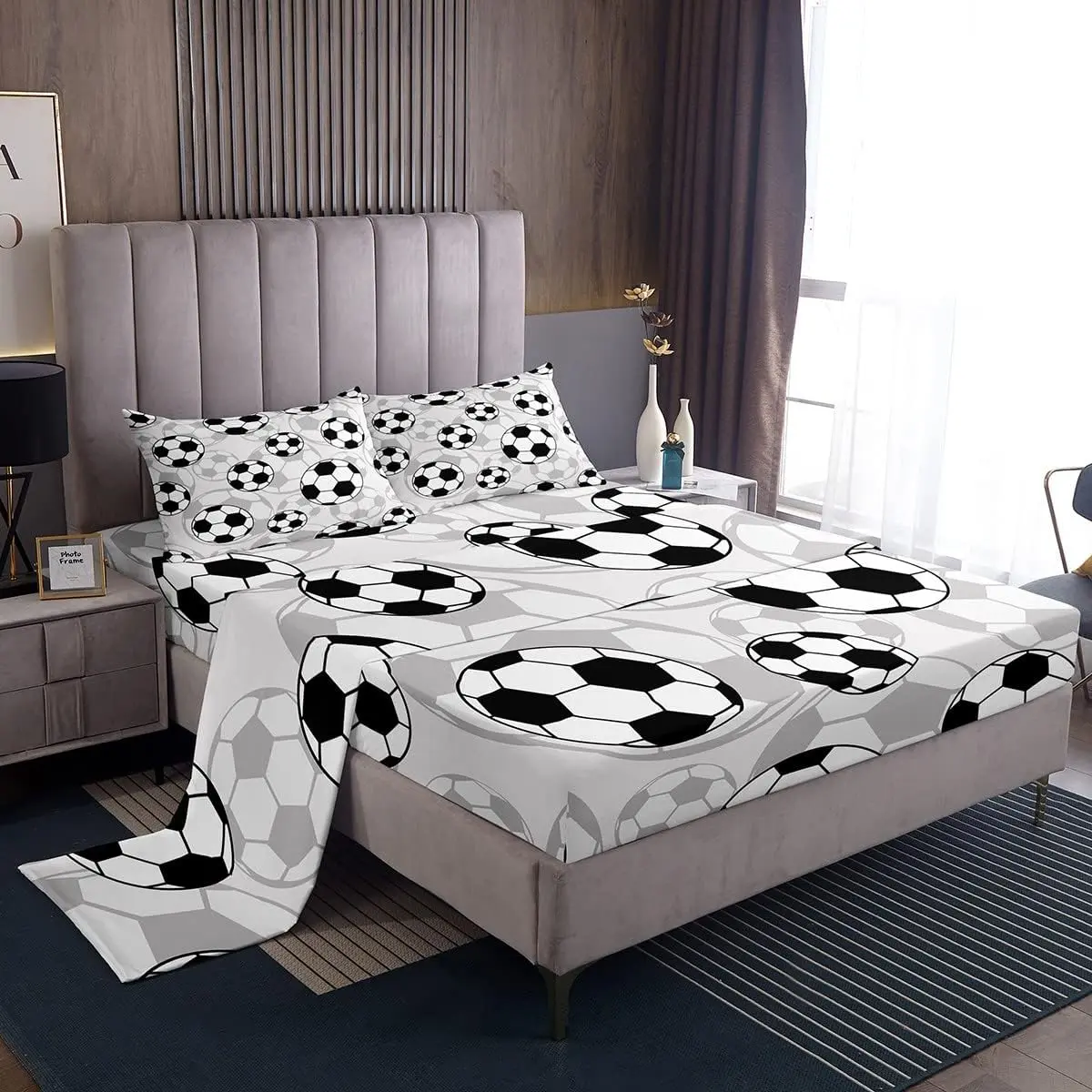 Feelyou Microfiber Football Bedding Sheet Set - Breathable Soft Bedroom Bedding Set with Soccer Ball Sports Fitted Sheet, Competition Games Themed Bed Cover, Breathable Bedding Set