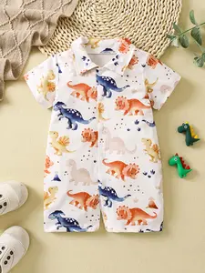 Spring Summer New Full Print Cartoon Dinosaur Onesie, Baby Boy Girl, 2026 Newborn Crawling Suit, Blue Color