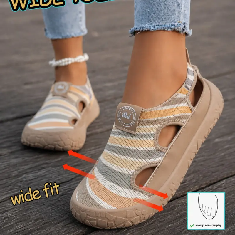 New Women's Fashion Breathable Knit Casual Shoes, Wide-Fit Comfortable Slip-On Walking Footwear for Leisure Casual Comfy Sandals, Flat Summer Shoes