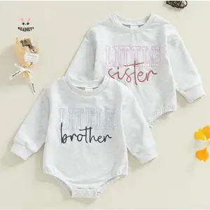 Kids Cute Fall Matching Rompers Brother Sister Letter Embroidery Soft Long Sleeve Round Neck Jumpsuit