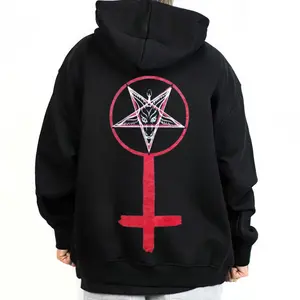 Satan Design Unisex Hoodie Sweatshirt T-Shirt Halloween Outfit Dark Style Printed Red Inverted Cross Baphomet Symbol for Outdoor Wear Machine Washable  Menswear Fabric Tops Man