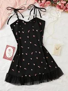 Women's Ditsy Floral Print Contrast Mesh Ruffle Hem Cami Nightdress, Elegant Soft Comfortable Tie Shoulder Spaghetti Strap Sleeveless Nightgown for Women, Ladies Sleepwear & Loungewear for All Seasons