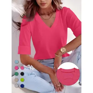 Plus size solid color V-neck rolled up sleeve T-shirt, casual T-shirt, women's daily clothing, cute top, quality and durabilityRAIMENTRY