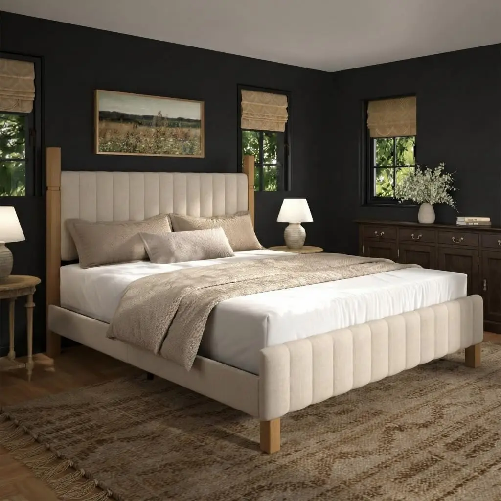 Yechen Wood Bed Frame with Upholstered Headboard - Solid Wood Posts, No Box Spring Needed, Beige/Grey Linen Fabric (Full/Queen/King)