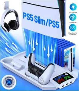 PS5 Slim Stand and Cooling Station with Controller Charging Station for Playsation 5 Slim&Standard Disc/Digital Console, PS5 Accessories Incl. Controller Charger/Turbo Fan/3 USB Hub/Headset Holder