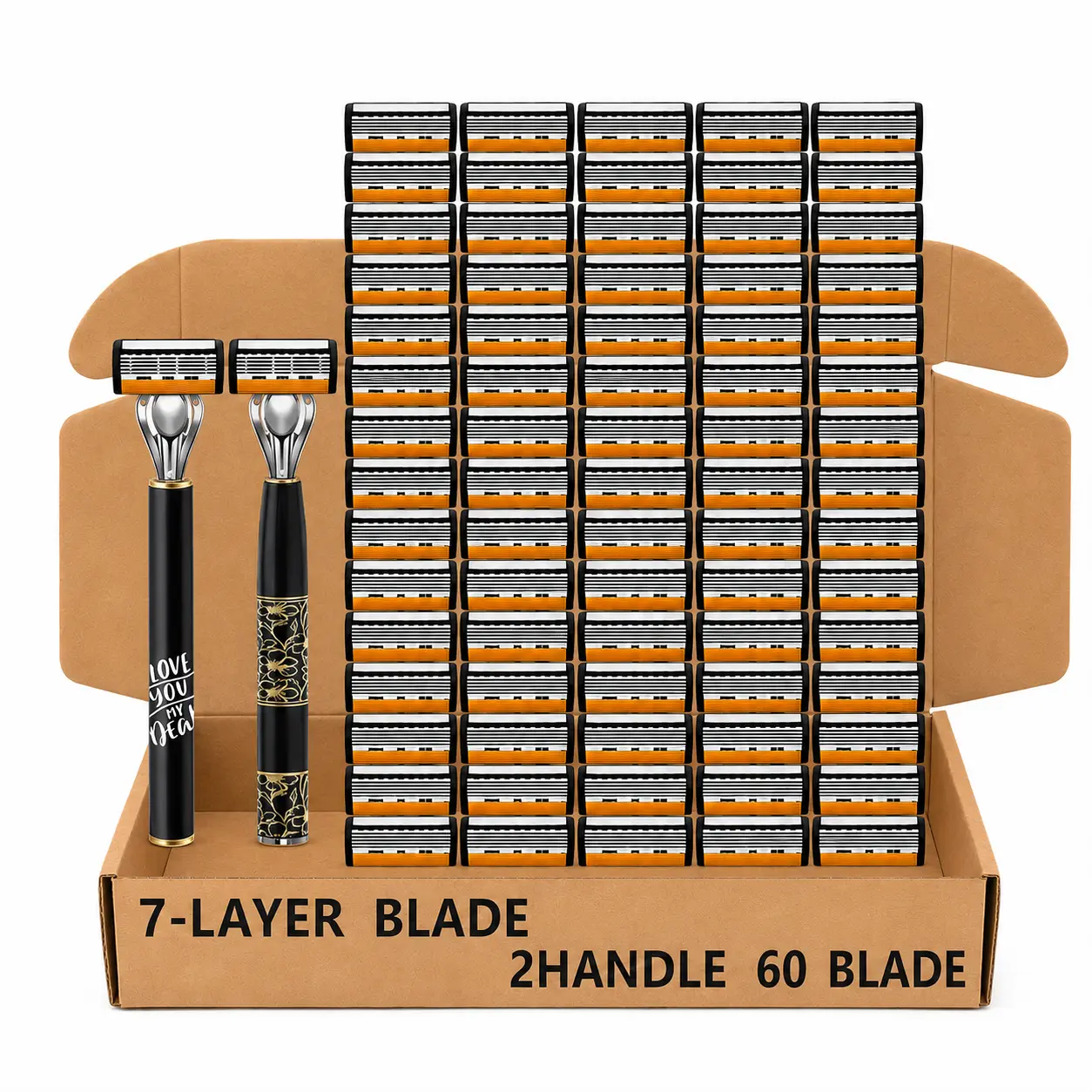 Men's 7-Layer Safety Razor Set - 60 Replacement Blades, 2 Handles, Sensitive Skin-Friendly, Close Shave for Thick Coarse Beards, Facial Shaving, Ideal Gift for Adults, Daily Use, 7-Layer Blade Design, Wood, Smooth Shave, Manual Razor