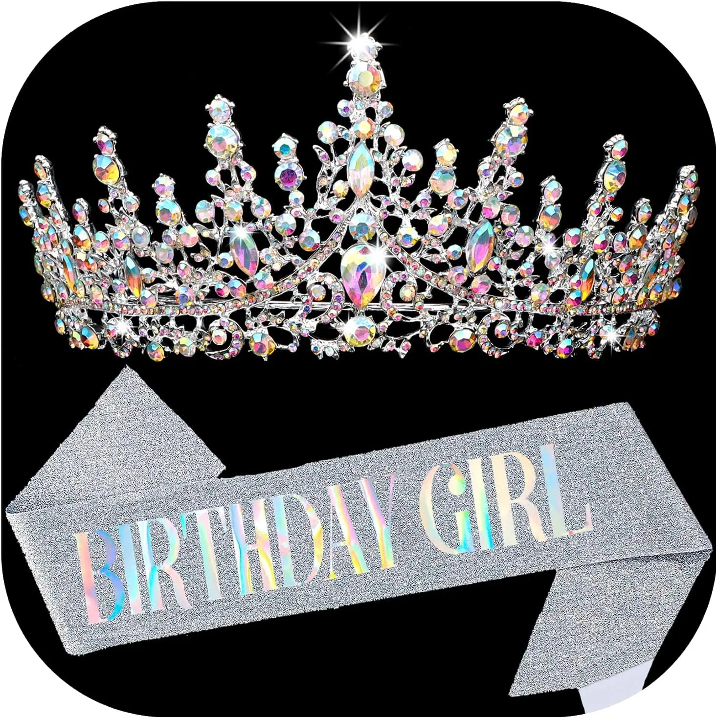 1Set BIRTHDAY GIRL Sash for Women Happy Birthday Sashes and Crowns for Girls Crystal Tiaras for Princess Silver Party Decoration for Gift Headband Supplies Accessories Favors