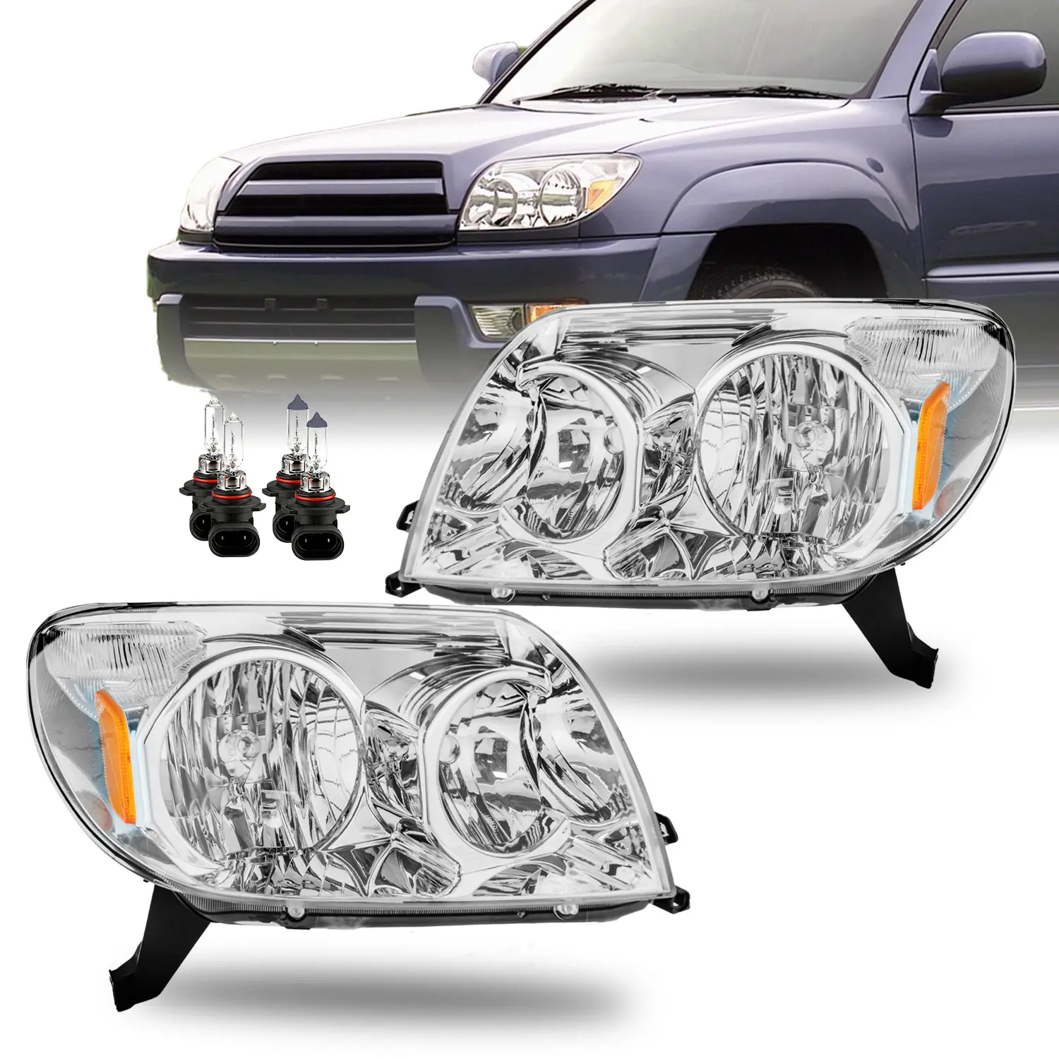 Halogen Headlight Assembly with Bulbs - Brighter Illumination, Easy Install, Fogless, OEM-Grade PC, Manufacturer Warranty - Compatible with 2003-2005 Toyota 4Runner, Black Housing Replacement Pair #TO2502146, #TO2503146