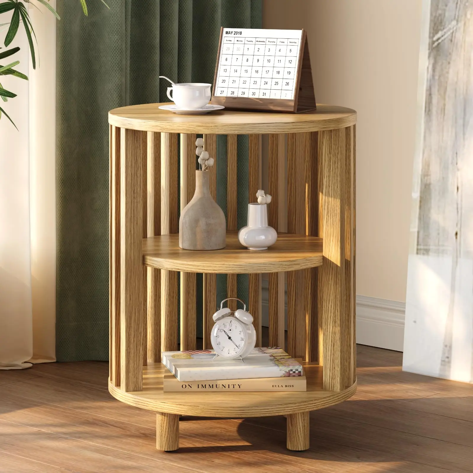 【DealsforYouDays】ONBRILL Round End Table, Wood Bedside Table, Mid Century Modern Nightstand with Open Storage Shelf, 3 Tier Small Side Tables for Living Room, Bedroom, Curved Profile Design