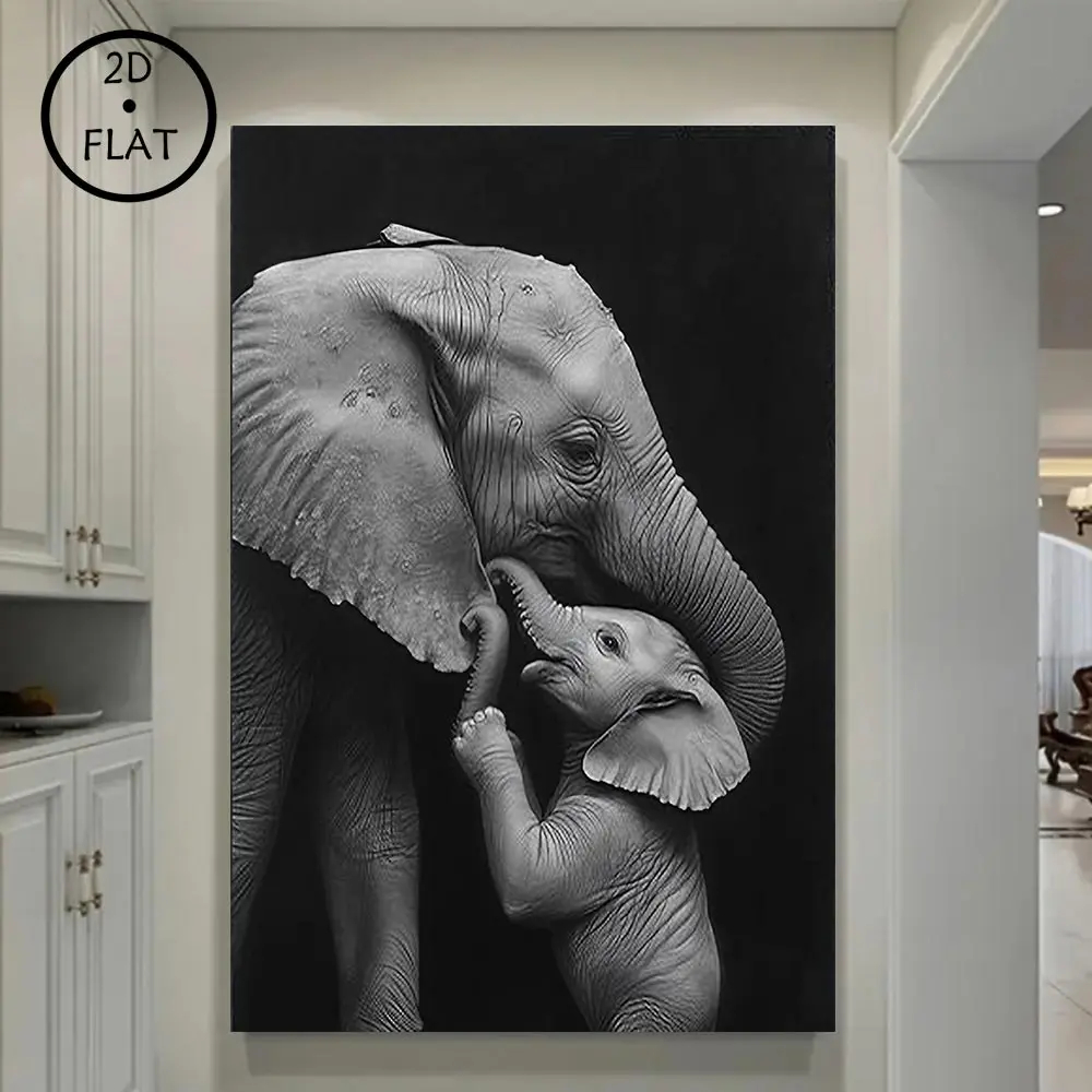 Wooden Frame Elephant Canvas Art Print - Black and White, Wall Decoration with Mother Elephant and Baby Elephant Illustration - Perfect for Living Room, Bedroom, Office - Unique Gift Idea, Room Decoration, Indoor Decoration
