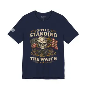 Still Standing the Watch Skull/American Flag Shirt | Navy Veteran Patriotic Tee | Military Pride T-Shirt for Sailors