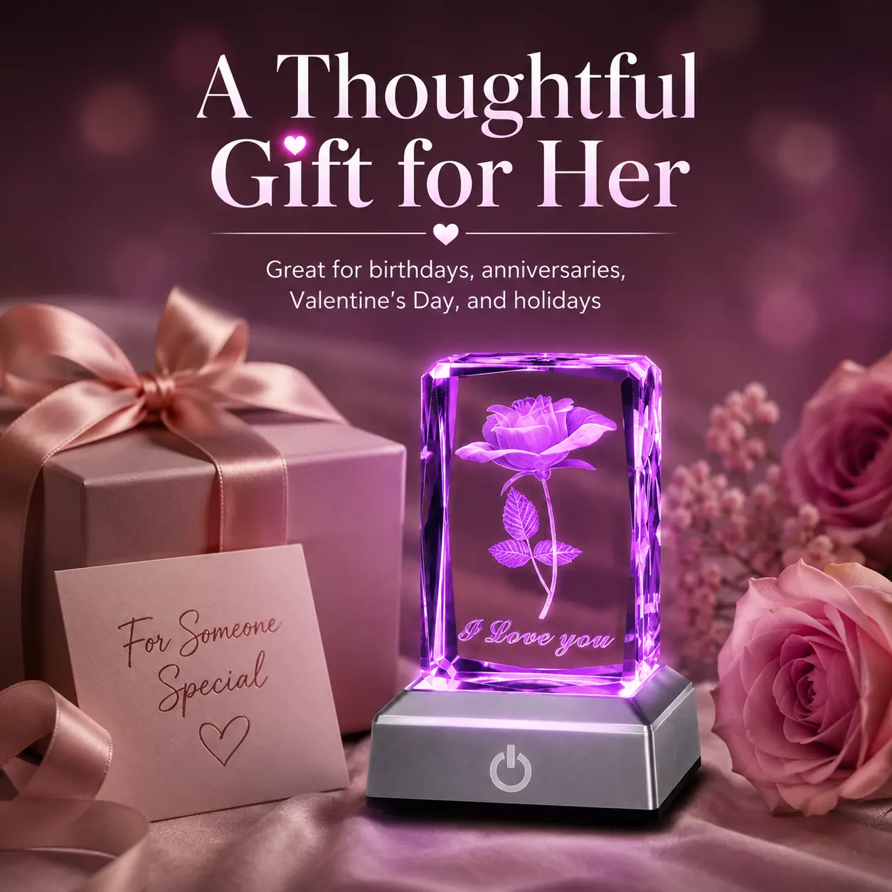 3D Laser Engraved Crystal Rose Night Light with Touch LED Silver Base, Bedroom Desk Decor, Birthday or Valentine’s Day Gift for Home Improvement Lighting Accessories