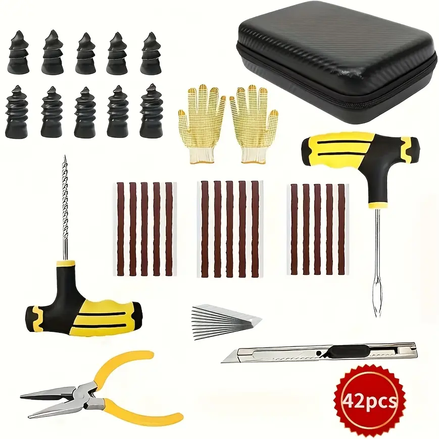 Complete 42-piece car emergency tire repair kit, equipped with full-size tire patches for easy self-repair of punctures and leaks on everyday vehicle tires.