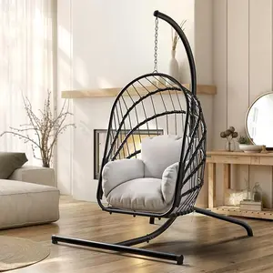 Yitahome Wicker Swing Egg Chair with Cushions 350lbs, Foldable Hanging Basket Chair W/Stand Rattan Hammock Chair for Outdoor, Indoor, Patio, Bedroom - Grey/Beige