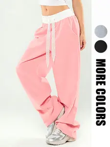 Women's Outdoor Casual Wide Leg Pants, Drawstring High Rise, Colorblock Waistband, Ruffle Drawstring Design, Comfortable Fashion, Sporty Fit, All Seasons Wear, Casual Fashion Trousers