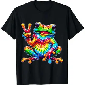 [100% Cotton]    Tie-Dye Frog Peace Sign Hippie T-Shirt Golf Gift T-Shirt For Men And Women.