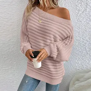 Fashionable Elegant Knitted Top Off Shoulder Batwing Sleeves Solid Color Pullover Women Autumn Loose Casual Retro Sweater Outfit