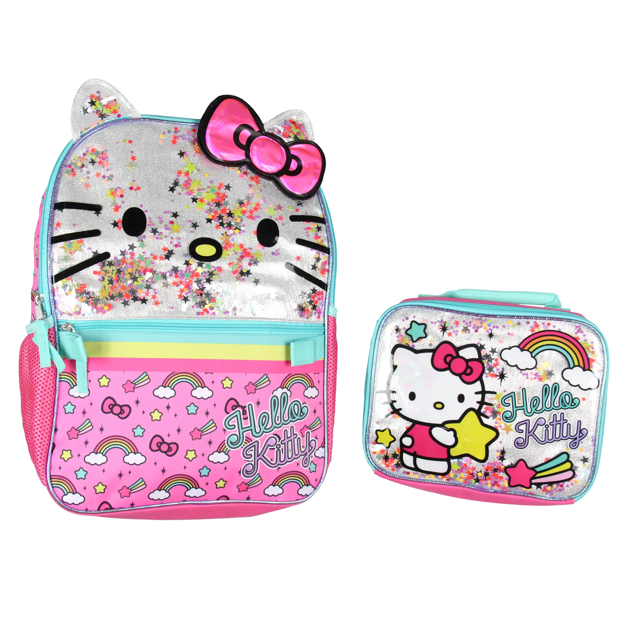 Sanrio Hello Kitty Glitter 2 Piece School Travel Backpack Set For Girls With Detachable Insulated Lunch Box 16", Pattern Backpack Set, Backpacks For School