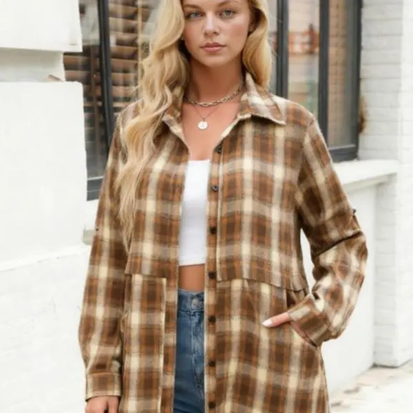Women's Plaid Check Casual Long-Sleeve V-Neck Button-Up Oversize Loose-Fit Tunic, S-XXL, for Autumn Winter, Matching Lady Skinny Leggings, Casual Shirts, Fitted, Fabric, Lightweight, Soft