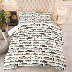 Custom Fish-Pattern Quilt Set – includes 1 quilt & 1/2 pillowcases. Soft, cozy bedroom bedding, perfect for dorm or bedroom decor. Ideal gift for family & friends. Decorative Bedding Set