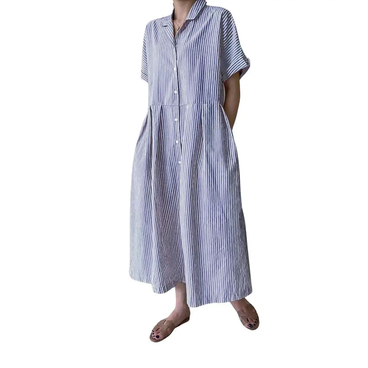 Chouyatou Women's Casual Chic Cotton Short-Sleeve Striped V-Neck Button-Down Midi-Length Straight-Fit Ready-to-Wear Dress, Ideal for Brunch Outfit Ideas, Wedding Guest Outfit, Going Out