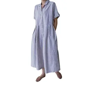 Chouyatou Women's Summer Short-Sleeve Striped Shirt Dress Button Down Midi-Length Straight-Fit Pure Cotton Dress