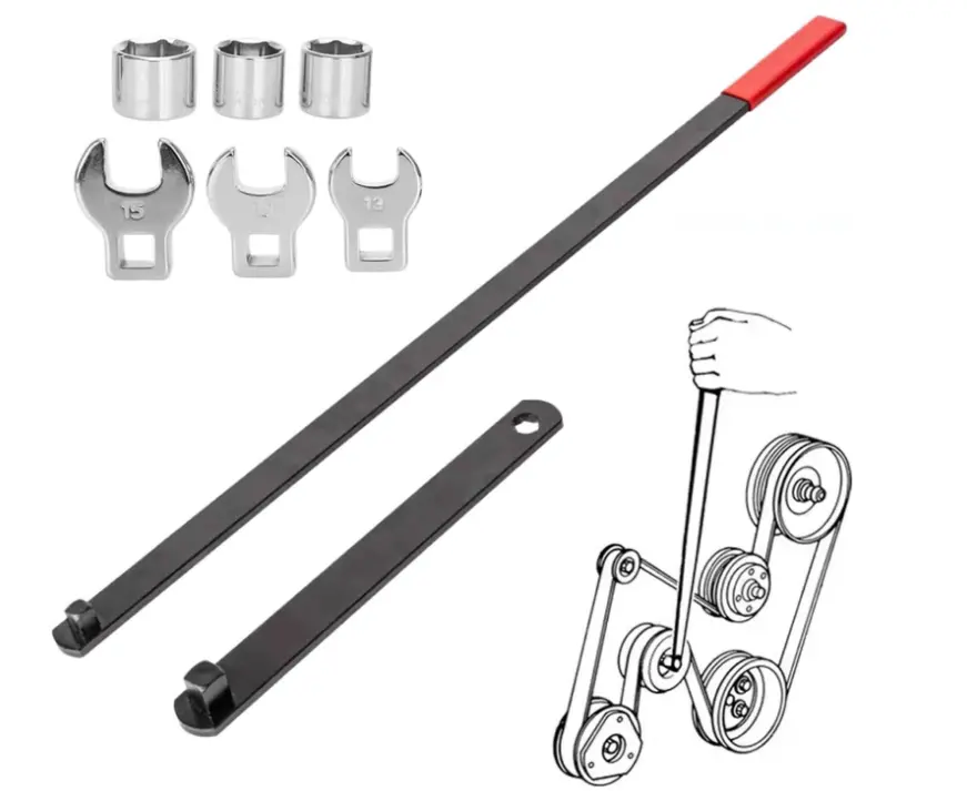 8PCS Serpentine Belt Tensioner Wrench Tool Kit - 3/8"-1/2" Drive, Adjustable Rod, Angle Access, Tension Release for Spring Loaded Idler Pulleys, Universal Auto Engine DIY Maintenance Tools, Automotive Repair, Chrome Vanadium Steel