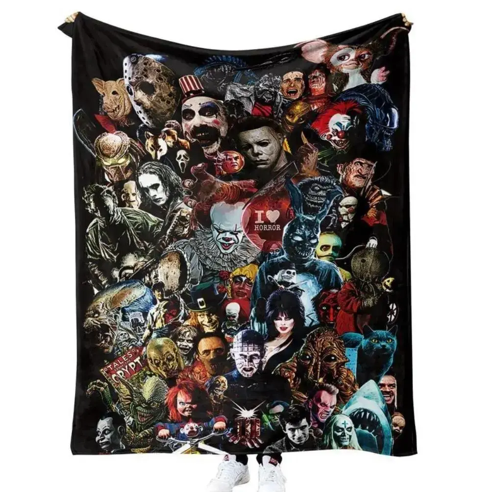 Horror Movie Icons Collage Flannel Blanket, Spooky Halloween Fleece Throw Blanket, Gothic Horror Movie Fan Blanket, Ultra Soft Cozy Couch Bed Decor Gift for Horror Lovers
