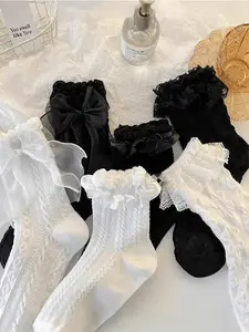 Women's Cute Simple Lolita Lace Bow Knee High Socks, Comfortable Breathable, Casual Daily Wear, Random Mix, All Seasons, Sock Set, Soft Breathable Socks