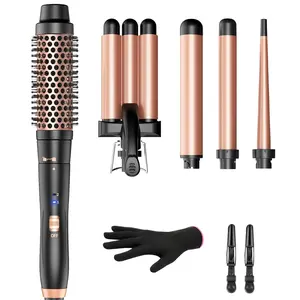 Bestope Pro 5-in-1 Curling Iron Set with Thermal Brush & 3 Barrels, Ceramic Coated, Dual Voltage, 2 Temp Settings,Special, Rose Gold Finish Rose Gold Springtok Waver Curler Machine Heated Curler Hair Curler Clips Pouch Curler Roller Curler Roller