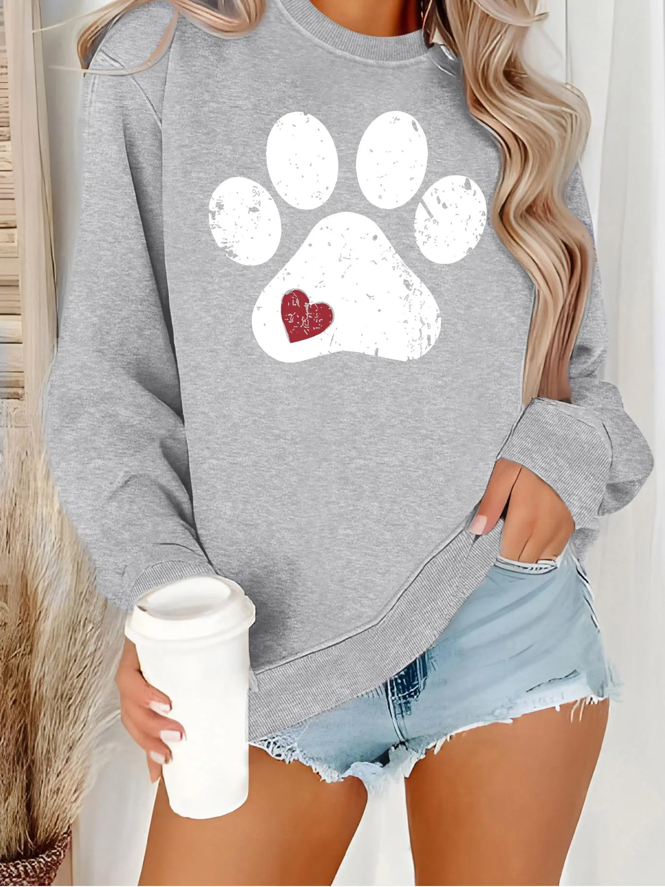 Women's Paw & Heart Print Geometric Round Neck Oversized Sweatshirt, Casual Long Sleeve Crew Neck Pullover for Fall & Winter, Graphic Print Pullover, Women's Clothes for Daily Wear, Artwork Sweatshirt, Hoodie, Tops, Womenswear