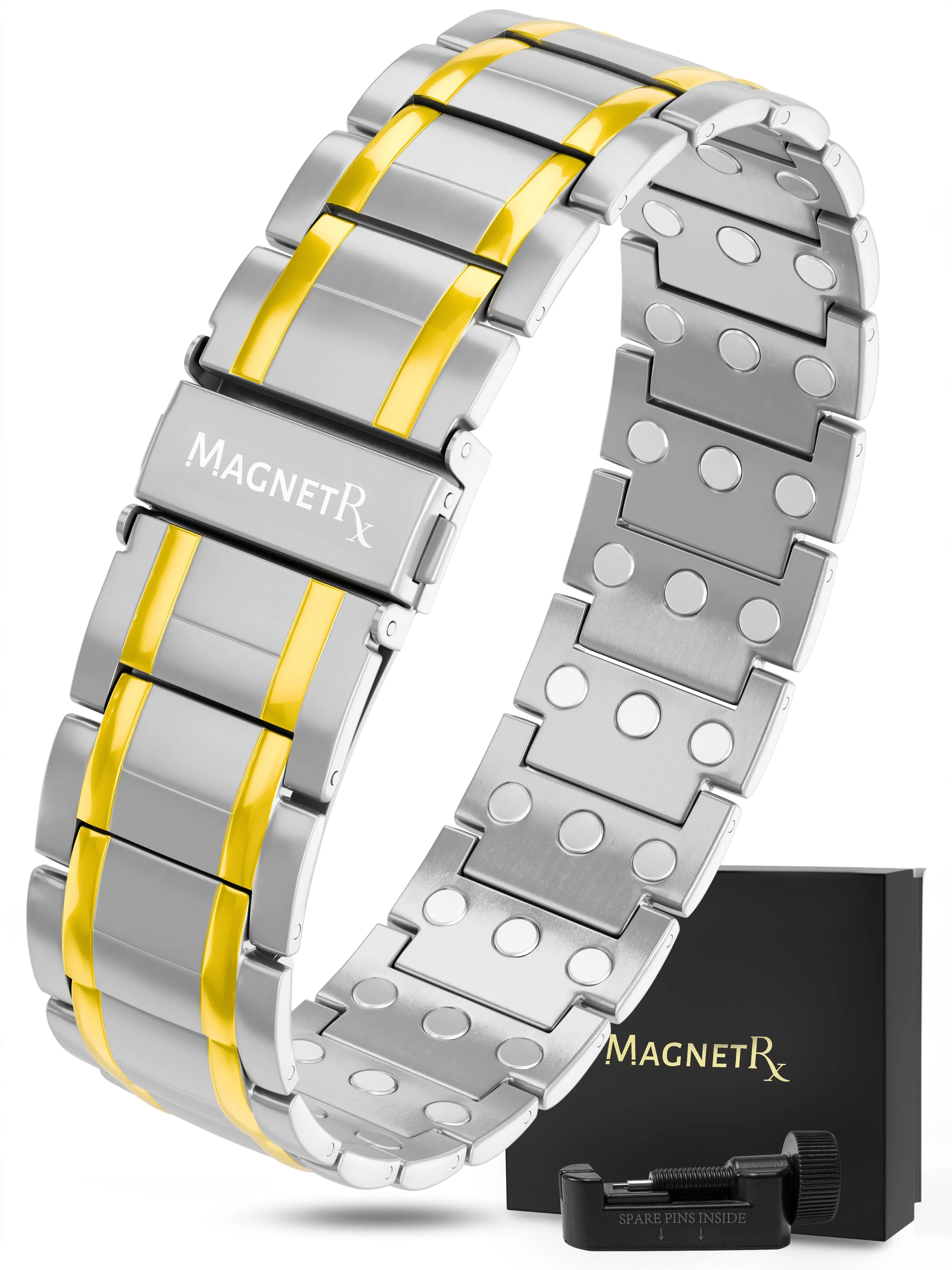 MagnetRX 3X Strength Titanium Magnetic Bracelet for Men (Silver & Gold) - 57 Neodymium Magnets Fold-Over Clasp - Waterproof, Hypoallergenic, Sizing Tool & Gif Box