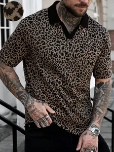 Men's Short Sleeve Leopard Print Polo Shirt, Modern Fitted Style, Patchwork Design, All Seasons Wear, Casual Fashion