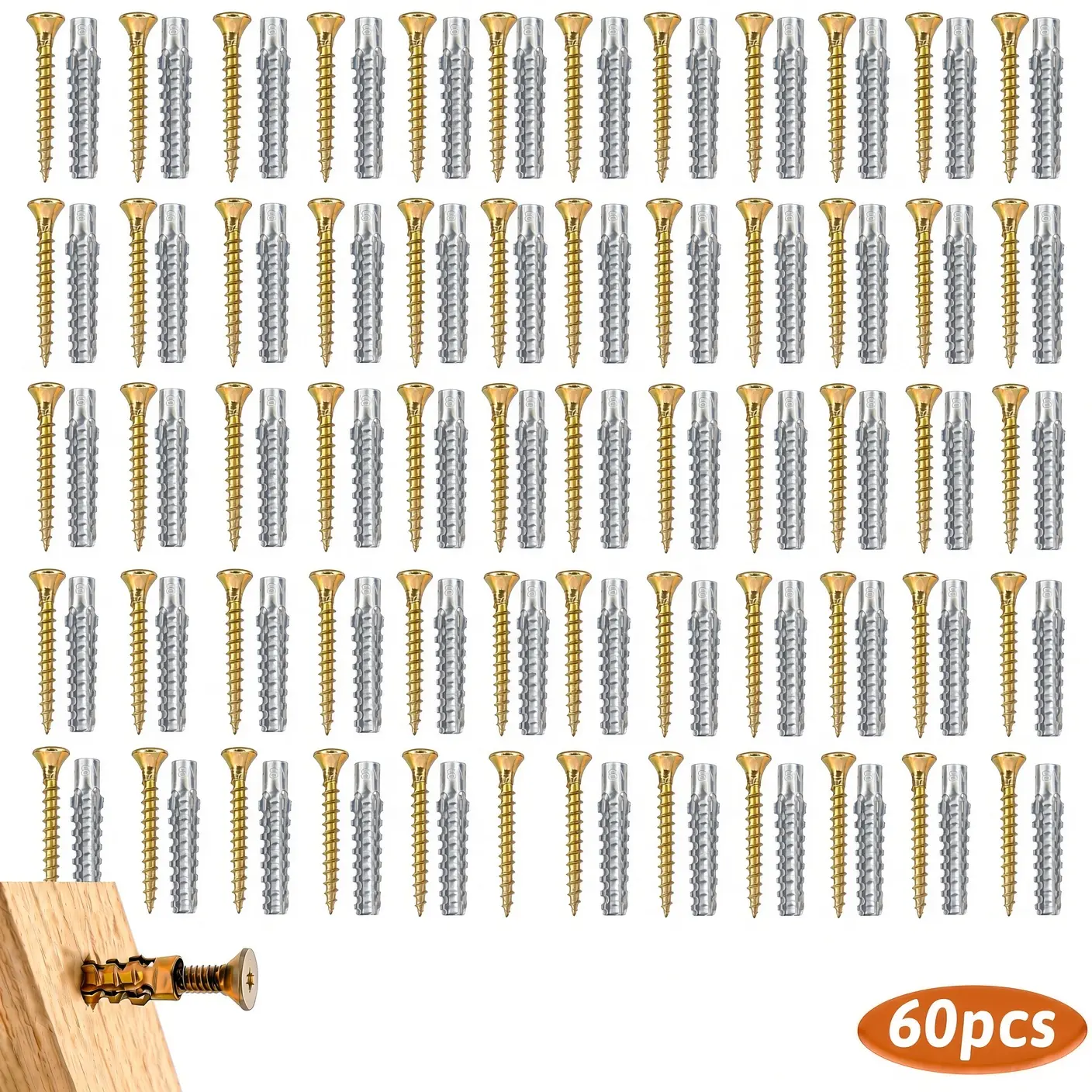 Stripped Screw Hole Repair Fasteners with Wall Plugs + Screws, 30-Pack/60-Pack Expansion Anchors for Cabinet Repair, Tile/Stone Walls, Partitions, Home Hardware DIY Installation