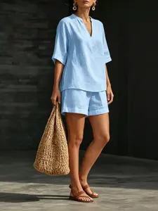 Women's V-Neck Short Sleeve Set, Fashion Casual Loose Fit Shorts Two-Piece, Comfortable and Stylish Summer Wear